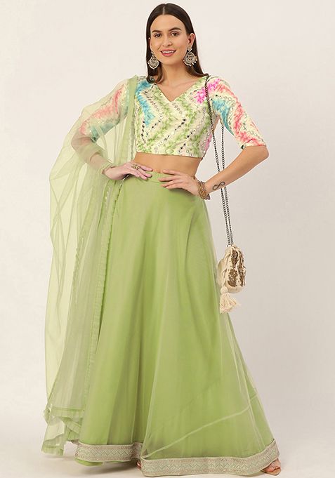 Multicolour Embroidered Net Lehenga Set