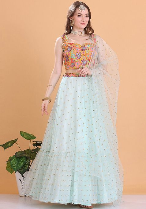 Multicolour Embroidered Net Lehenga Set