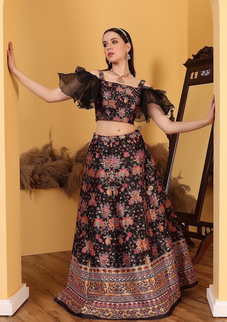 Multicolour Digital Print Art Silk Lehenga Set - Indya