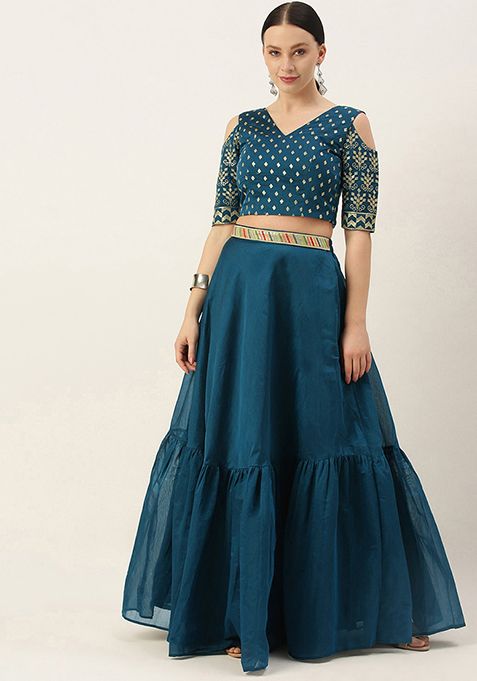 Blue Embroidered Silk Lehenga Set