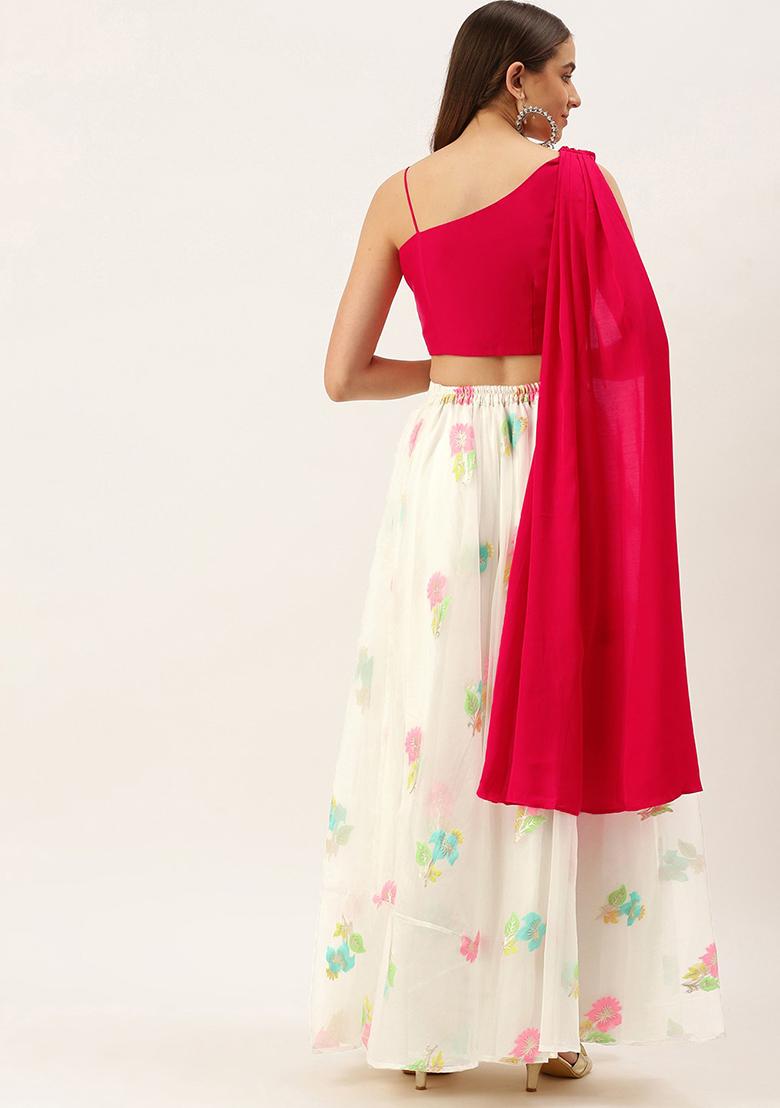Pink Floral Print Organza Lehenga Set