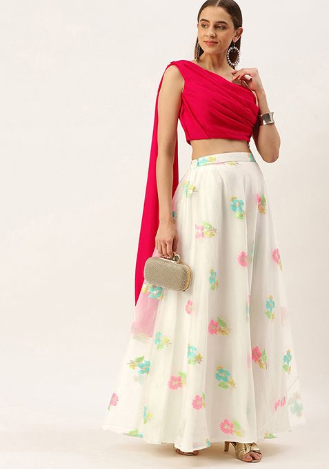 Pink Floral Print Organza Lehenga Set