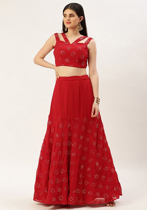 Red Sequin Embroidered Georgette Lehenga Set