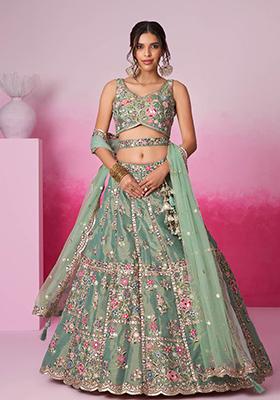 Sea Green Embroidered Net Lehenga Set