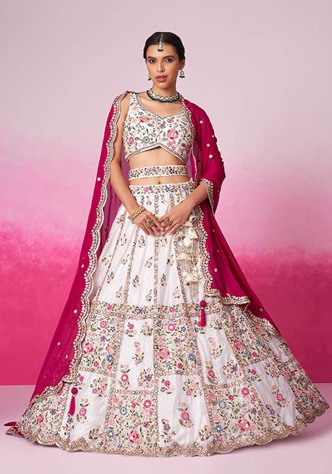 Cream Embroidered Georgette Lehenga Set