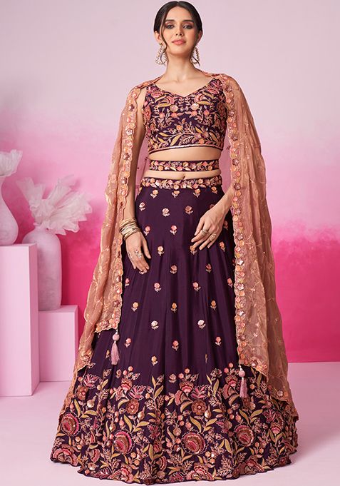 Burgundy Embroidered Organza Lehenga Set