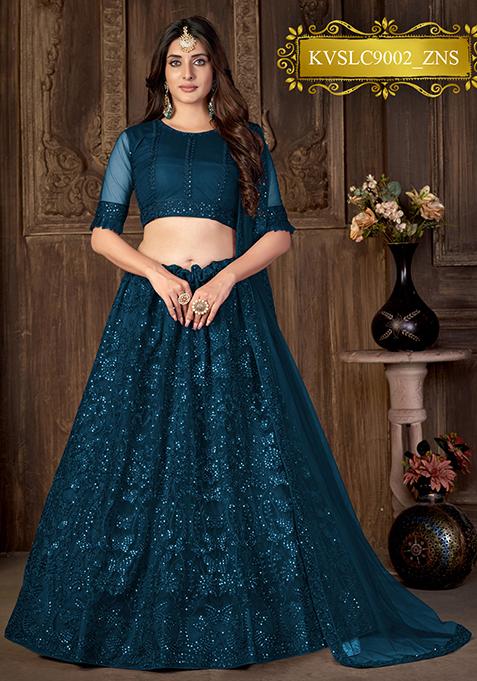 Teal Sequin Embellished Net Lehenga Set