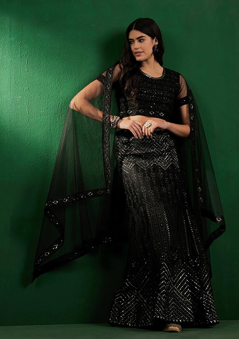 Black Sequin Embroidered Lehenga Set - Indya