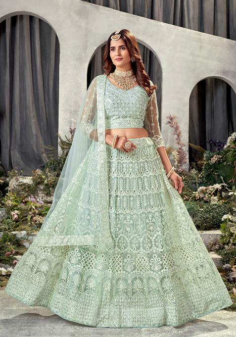 Elegant Teal Soft Net Lehenga Set with Sequin Lace Dupatta & Sleeveless Embroidered Choli - Buy