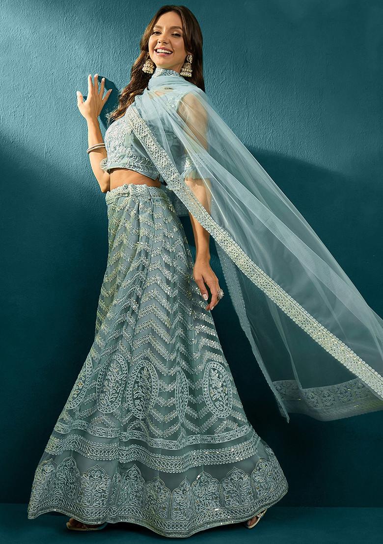 Sky Blue Sequin Embellished Net Lehenga Set