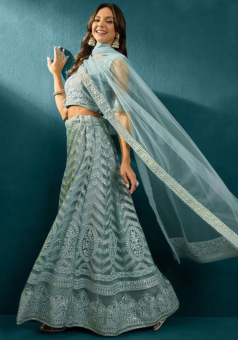 Sky Blue Sequin Embellished Net Lehenga Set