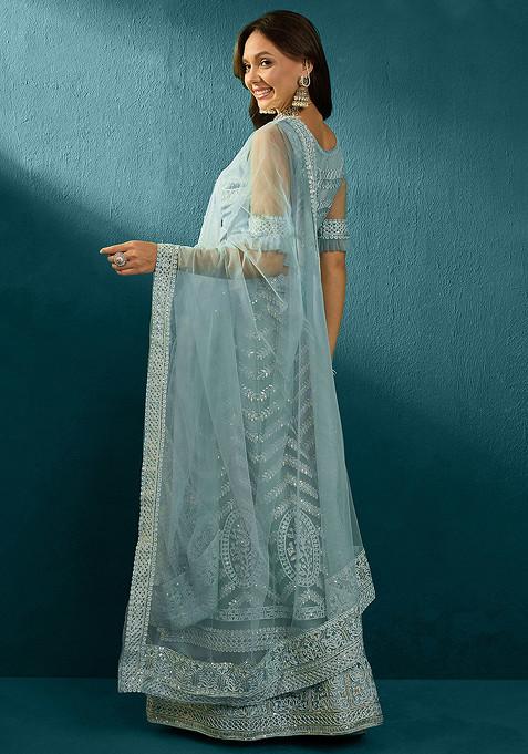 Sky Blue Sequin Embellished Net Lehenga Set