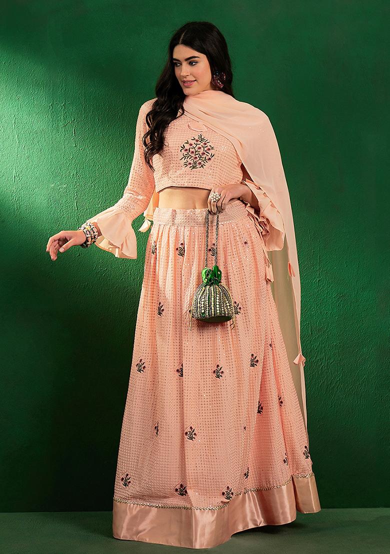 Peach Sequin Embellished Silk Georgette Lehenga Set