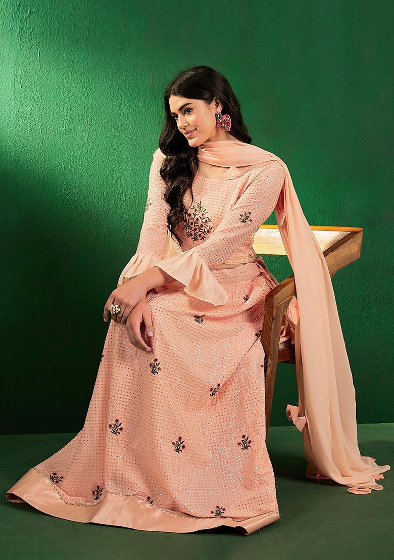 Peach Sequin Embellished Silk Georgette Lehenga Set