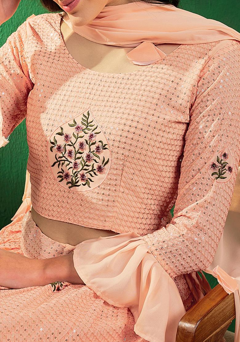 Peach Sequin Embellished Silk Georgette Lehenga Set