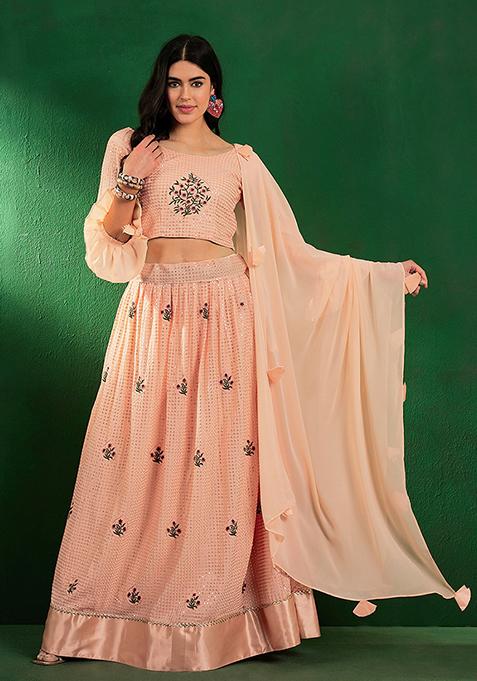 Peach Sequin Embellished Silk Georgette Lehenga Set