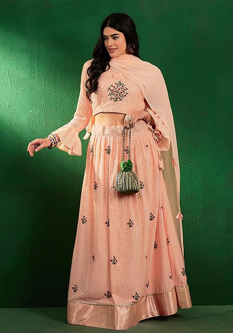 Peach Sequin Embellished Silk Georgette Lehenga Set