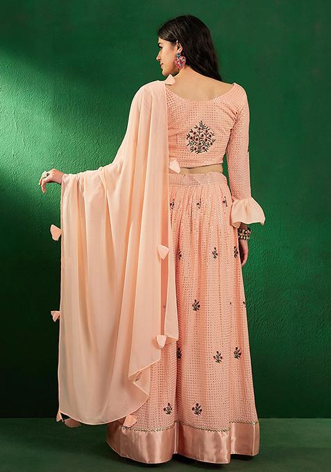 Peach Sequin Embellished Silk Georgette Lehenga Set