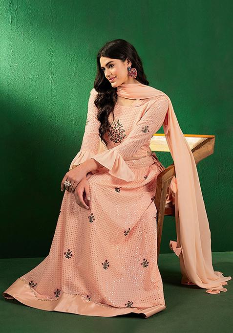 Peach Sequin Embellished Silk Georgette Lehenga Set