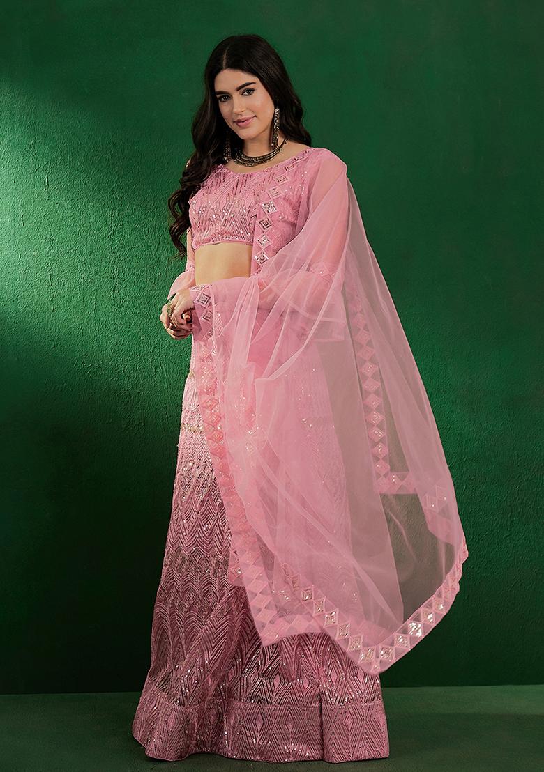 Pink Sequin Embellished Net Lehenga Set