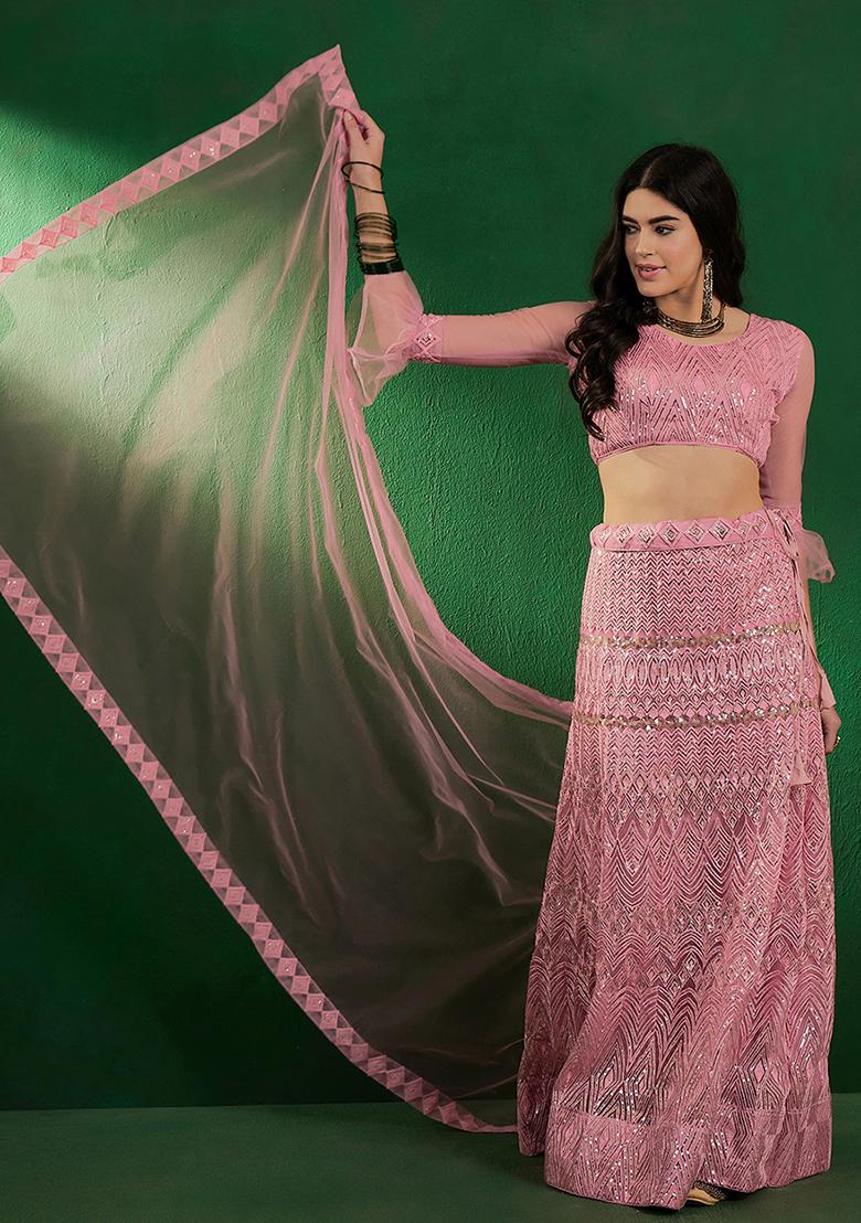Pink Sequin Embellished Net Lehenga Set