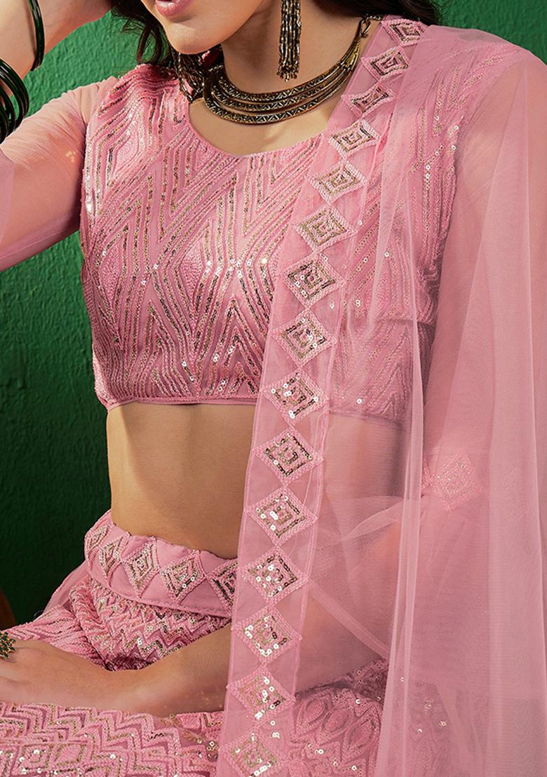Pink Sequin Embellished Net Lehenga Set