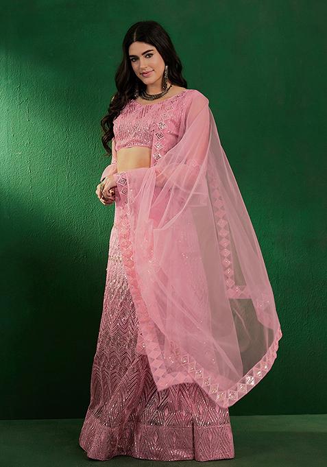 Pink Sequin Embellished Net Lehenga Set