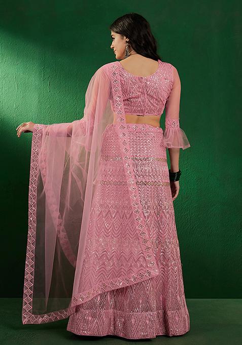Pink Sequin Embellished Net Lehenga Set