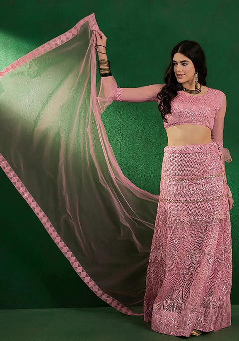 Pink Sequin Embellished Net Lehenga Set