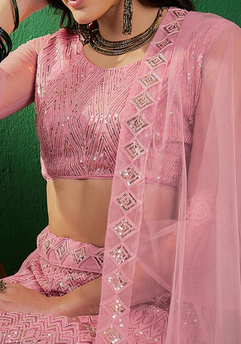 Pink Sequin Embellished Net Lehenga Set