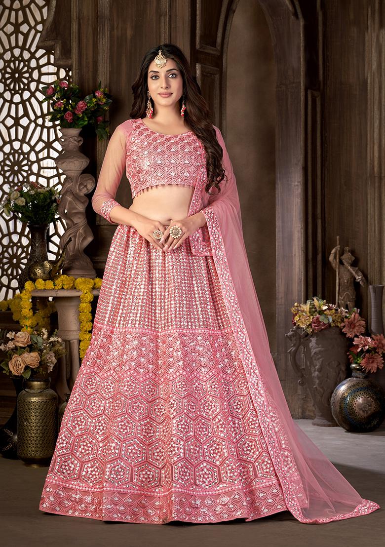 Pink Sequin Embroidered Net Lehenga Set