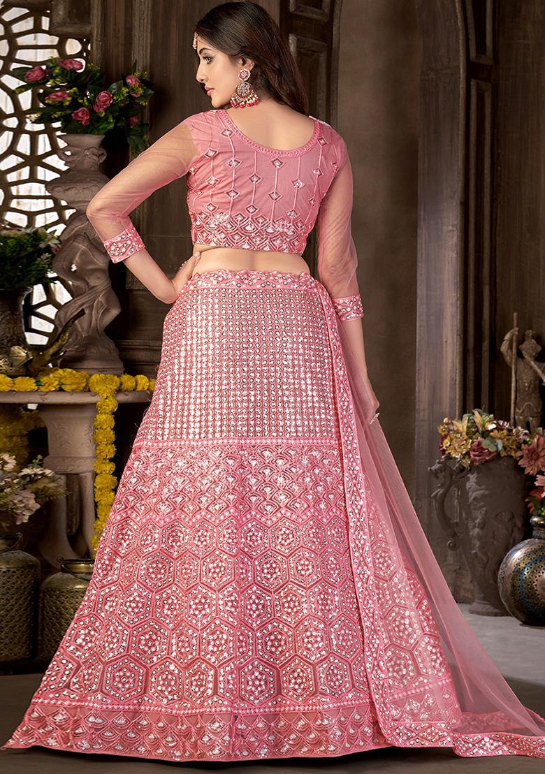 Pink Sequin Embroidered Net Lehenga Set