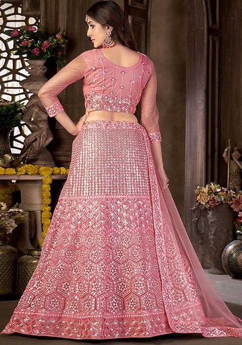 Pink Sequin Embroidered Net Lehenga Set