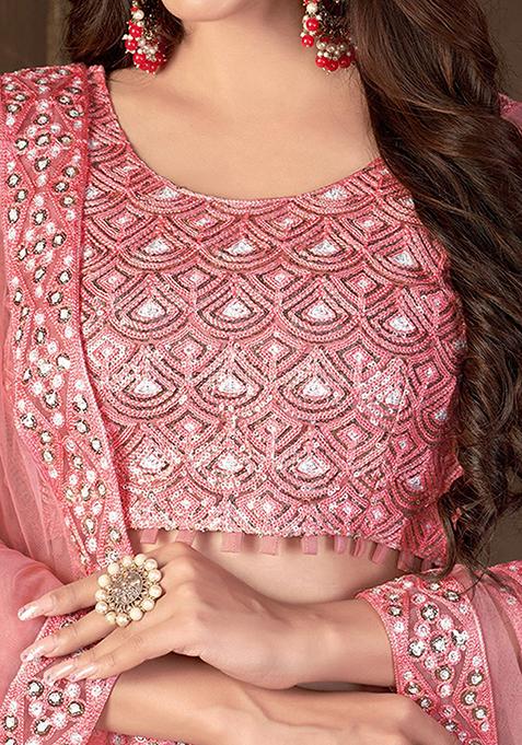 Pink Sequin Embroidered Net Lehenga Set