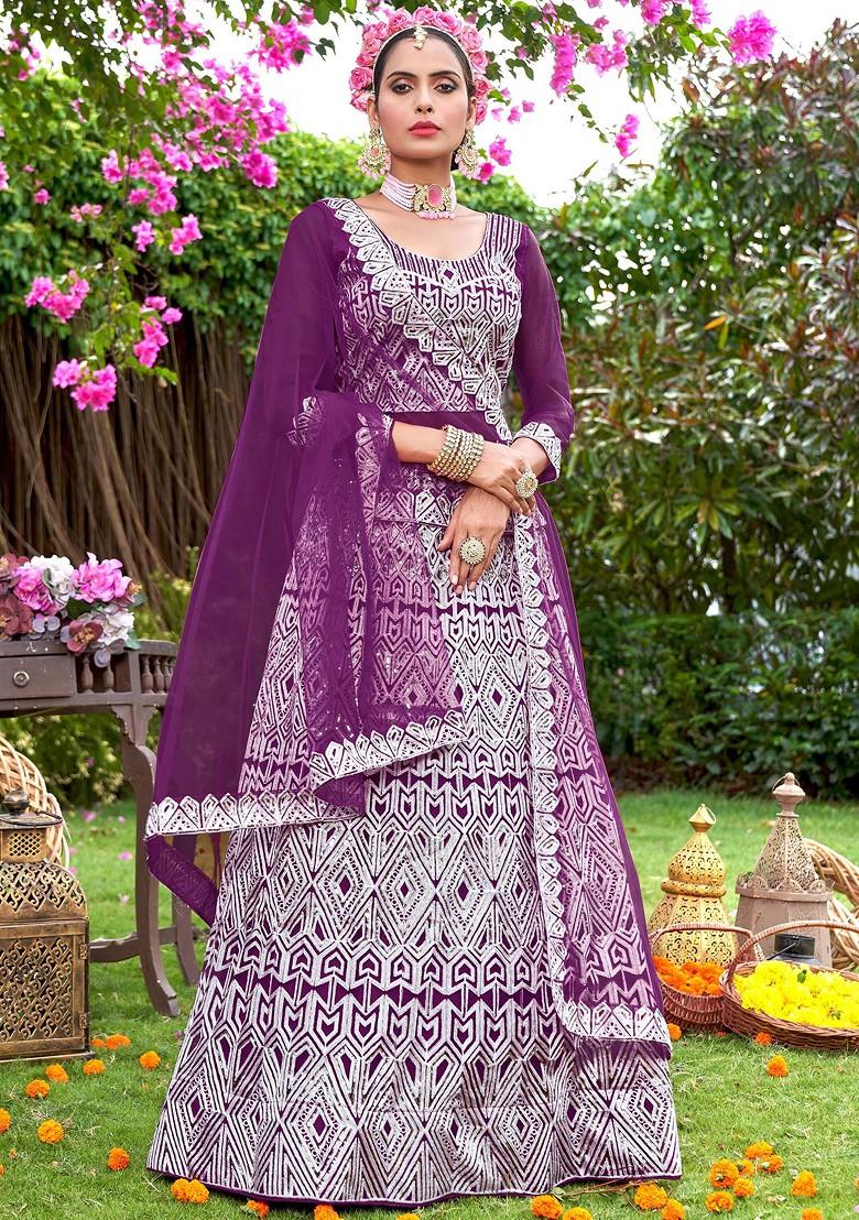 Wine Sequin Embroidered Net Lehenga Set
