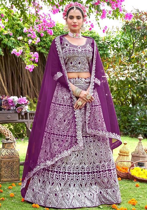 Wine Sequin Embroidered Net Lehenga Set