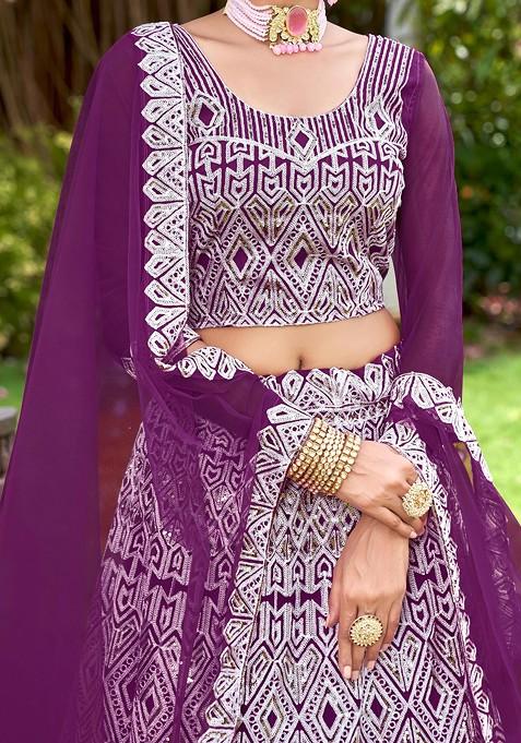 Wine Sequin Embroidered Net Lehenga Set
