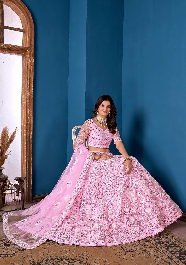 Light Pink Sequin Embroidered Net Lehenga Set - Indya