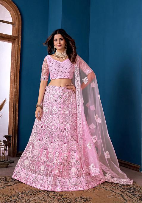 Light Pink Sequin Embroidered Net Lehenga Set