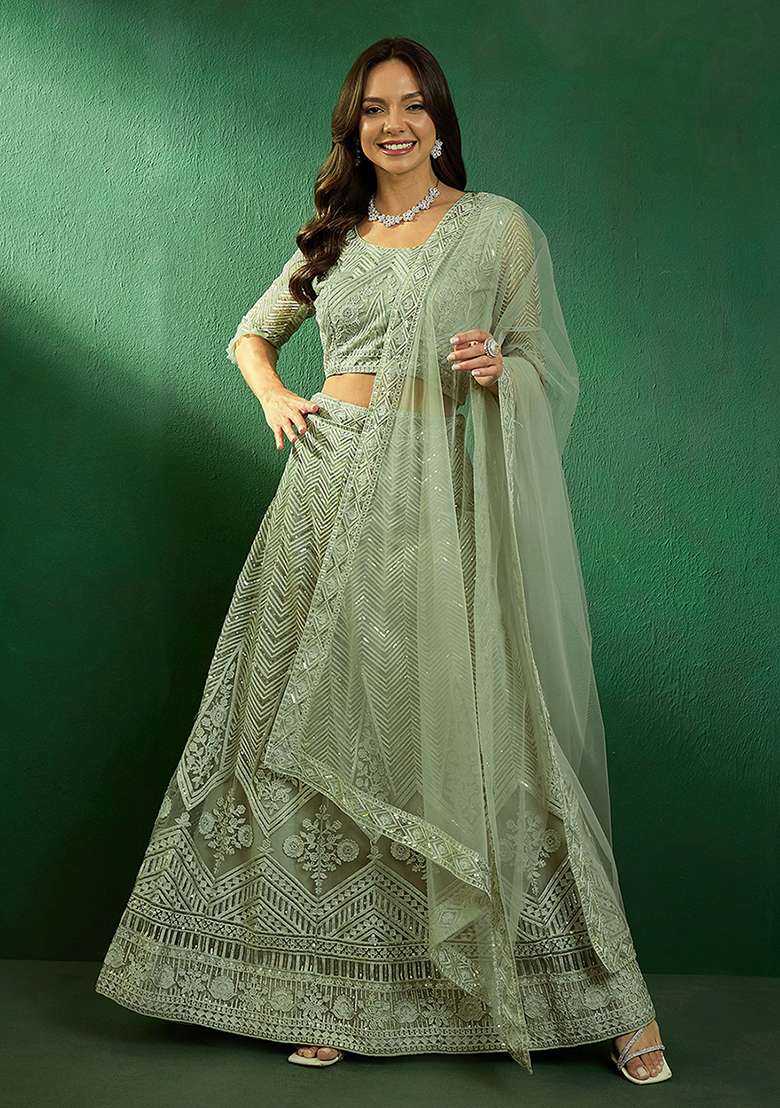 Pista Sequin Embroidered Net Lehenga Set - Indya