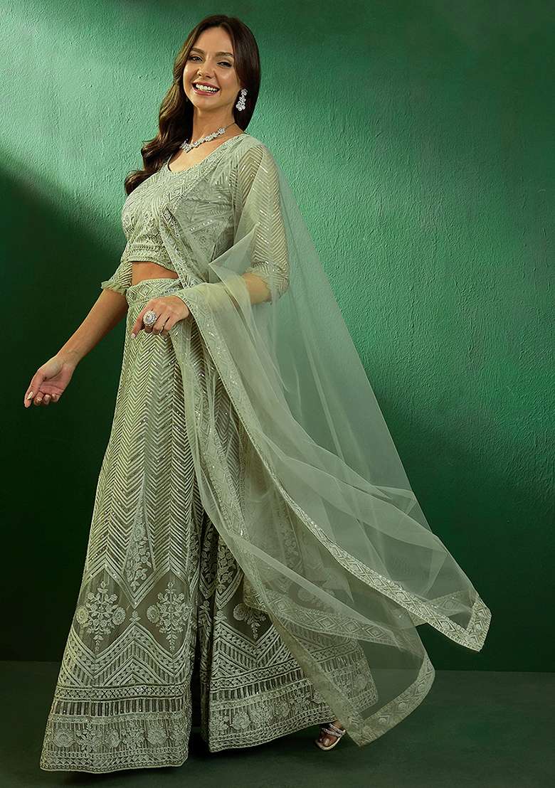 Pista Sequin Embroidered Net Lehenga Set - Indya