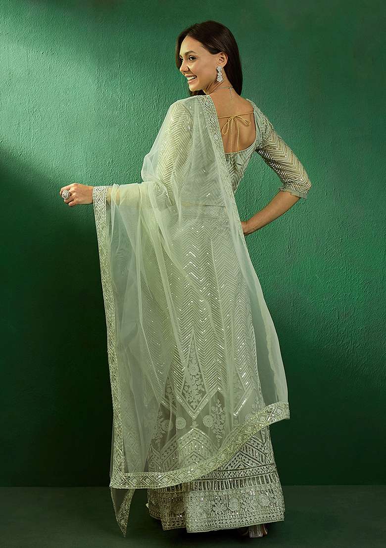 Pista Sequin Embroidered Net Lehenga Set - Indya