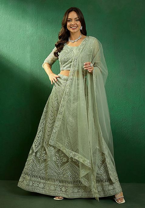 Pista Sequin Embroidered Net Lehenga Set