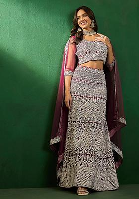 Rust Sequin Embroidered Net Lehenga Set