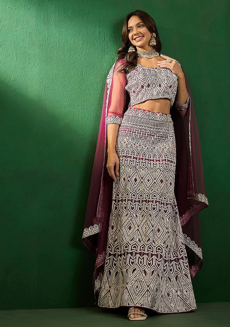 Rust Sequin Embroidered Net Lehenga Set