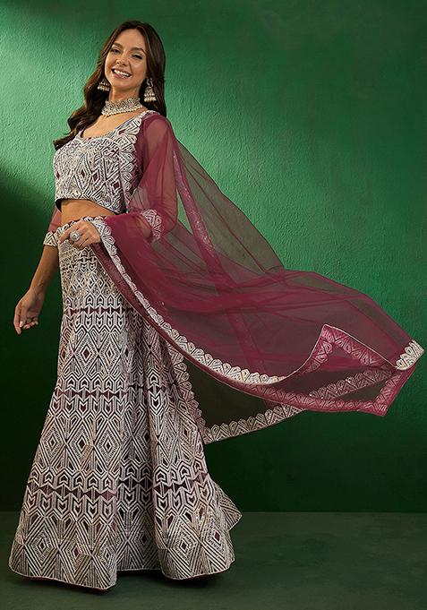 Rust Sequin Embroidered Net Lehenga Set