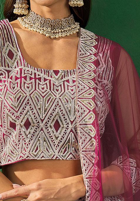 Rust Sequin Embroidered Net Lehenga Set