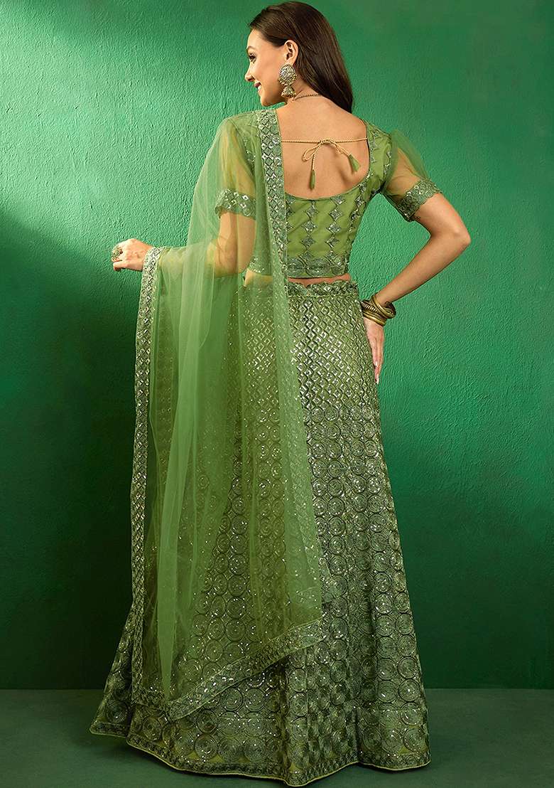 Green Sequin Embellished Lehenga Set - Indya