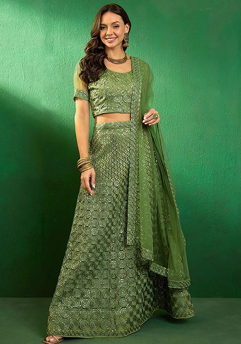 Green Sequin Embellished Lehenga Set