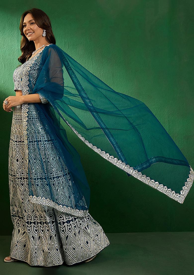 Teal Sequin Embellished Lehenga Set
